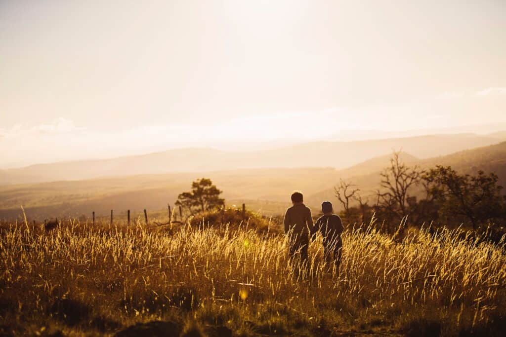 Two Brothers Walking on the Grassy Field