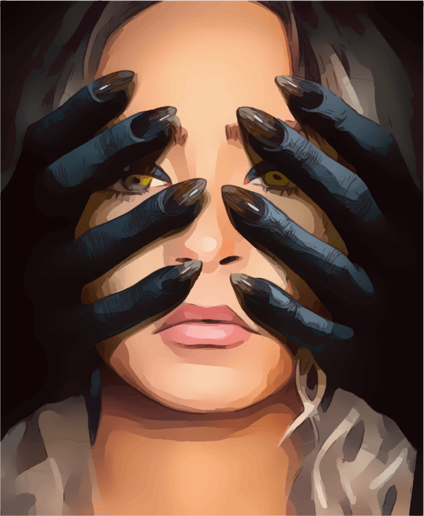 Monster claws over woman's face: Open your eyes